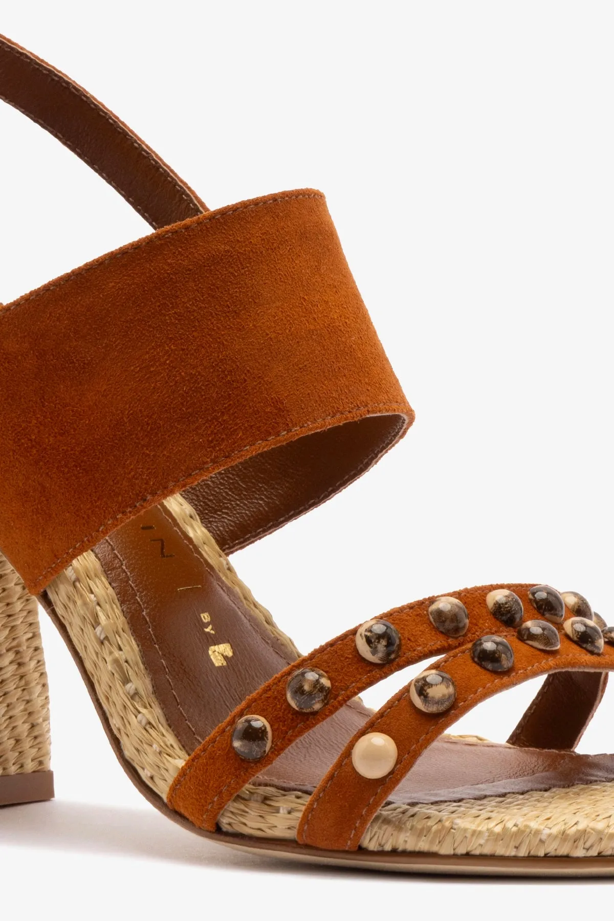 Chloe Gosselin by Larroud Margot Sandal In Chestnut Suede and Natural Raffia