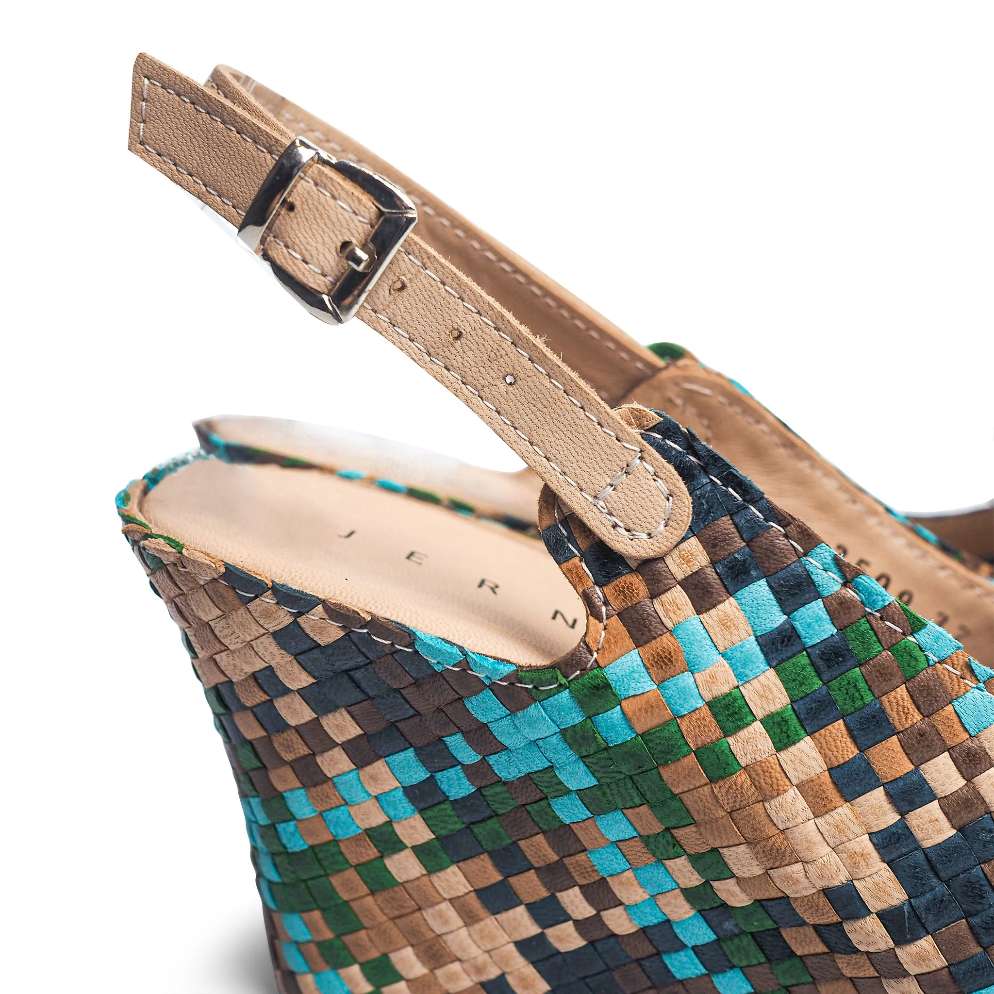 Handwoven leather high peep toe wedges with slingback - 23509