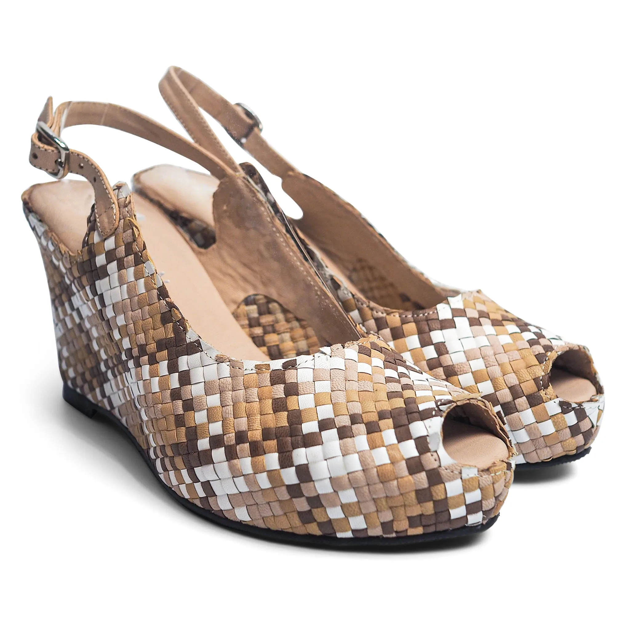 Handwoven leather high peep toe wedges with slingback - 23509