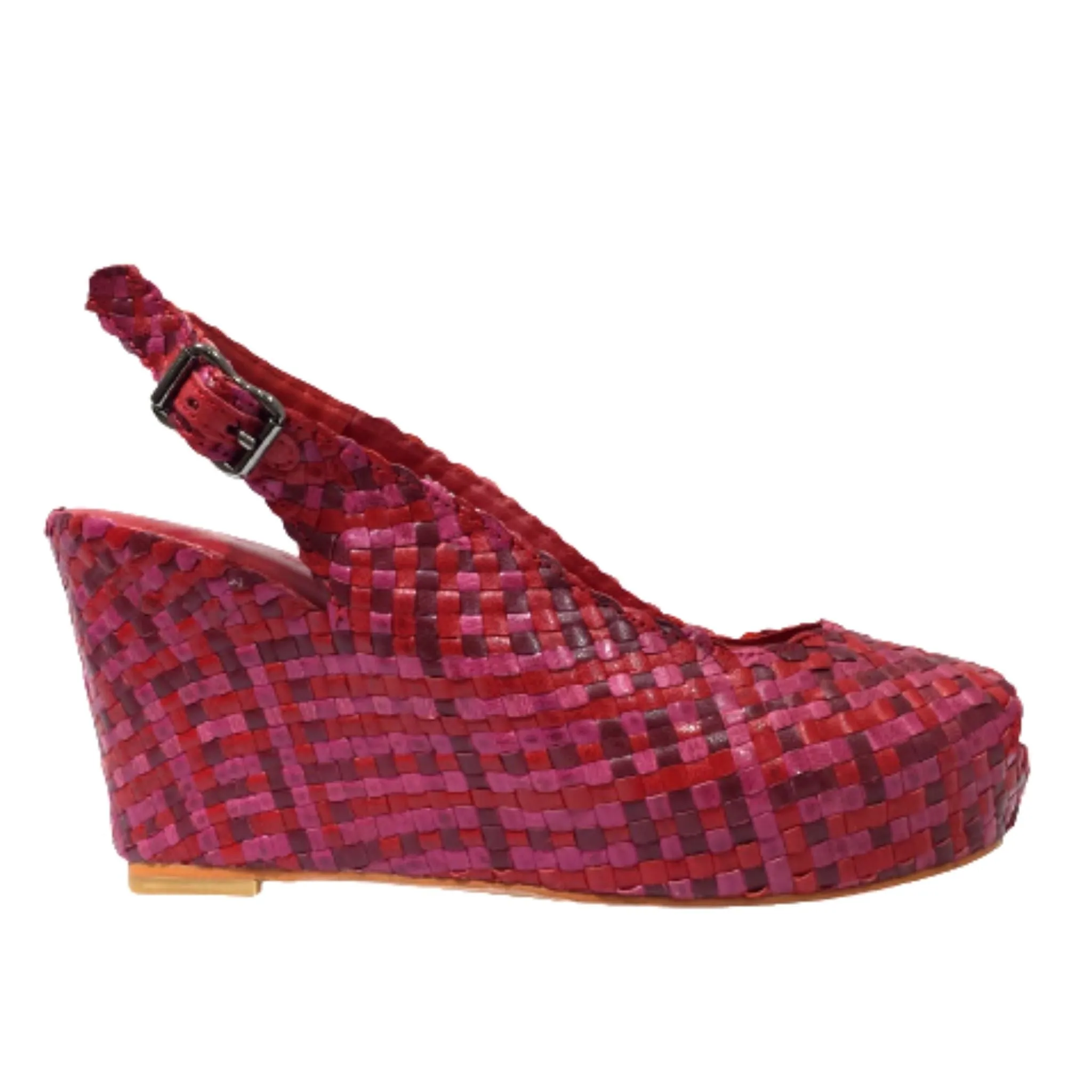 Handwoven leather high peep toe wedges with slingback - 23509