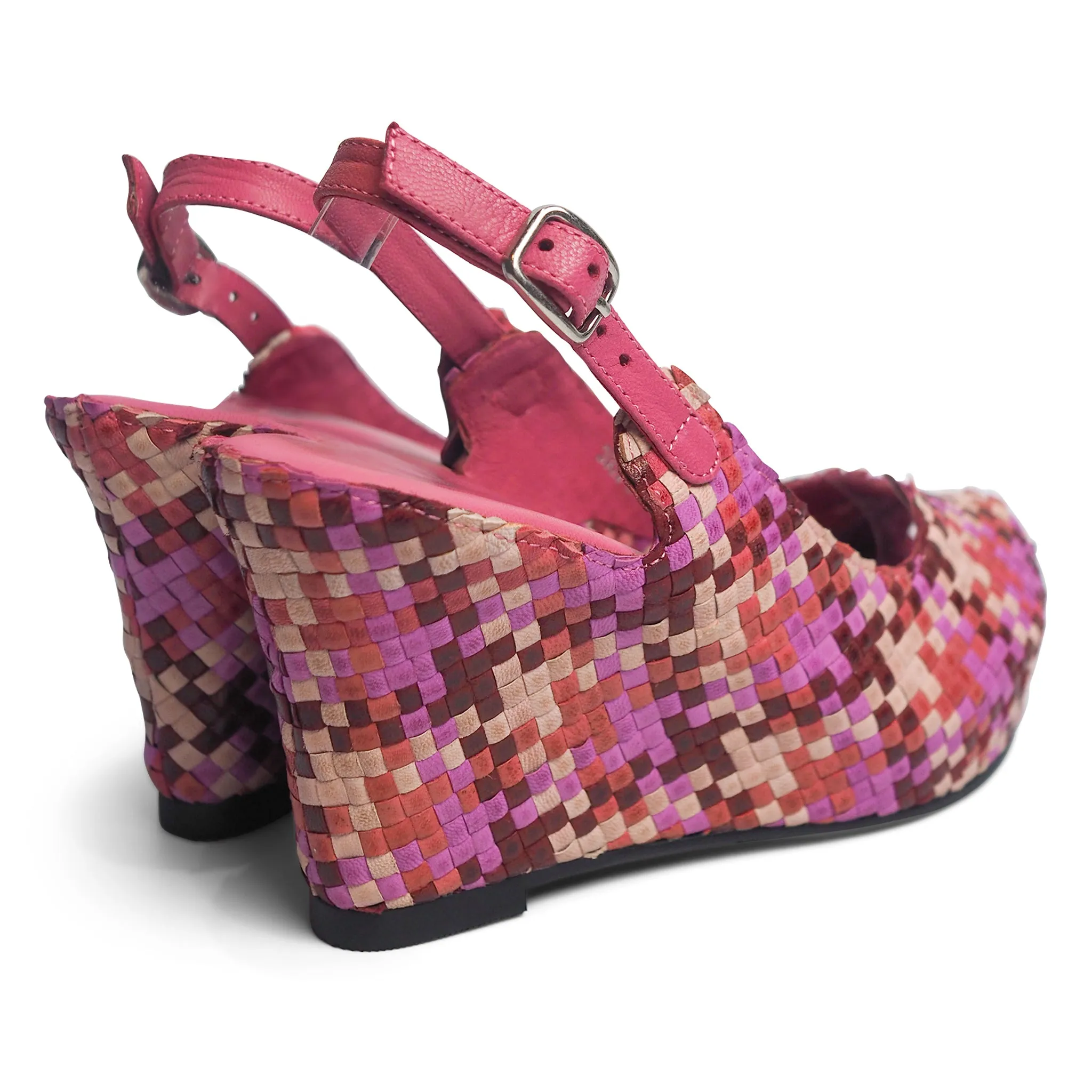 Handwoven leather high peep toe wedges with slingback - 23509