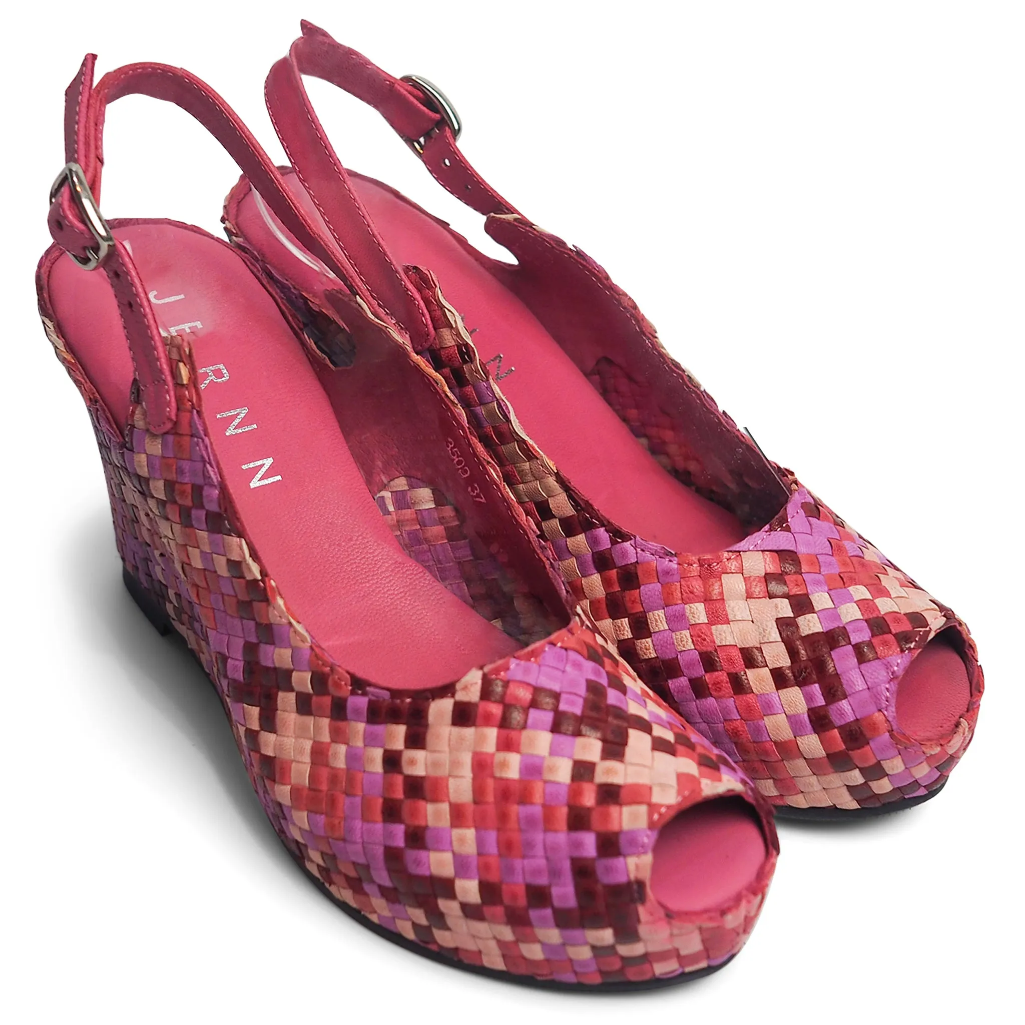 Handwoven leather high peep toe wedges with slingback - 23509