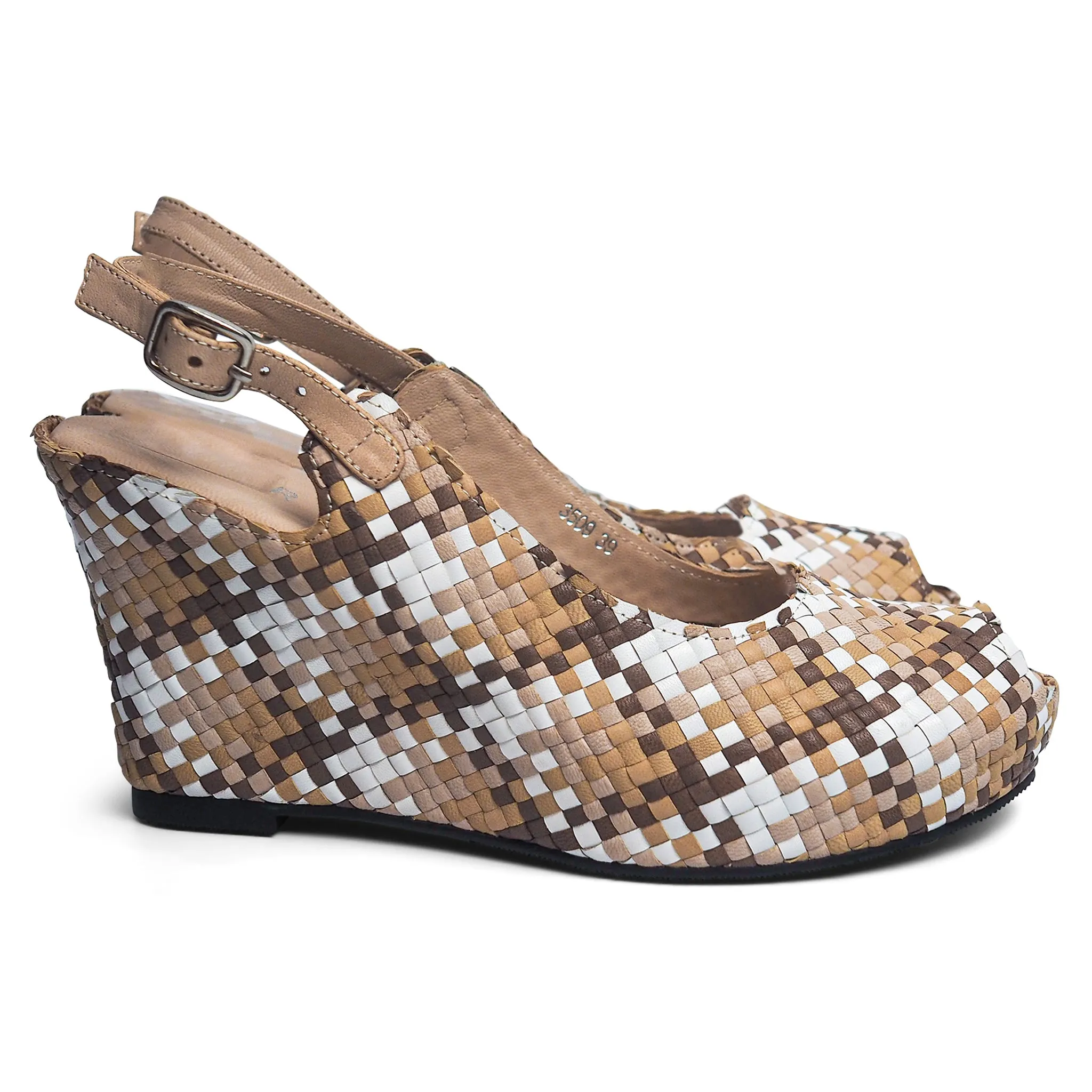 Handwoven leather high peep toe wedges with slingback - 23509