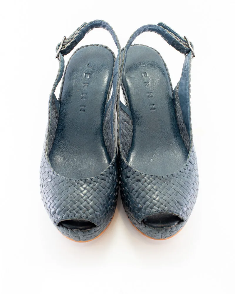 Handwoven leather high peep toe wedges with slingback - 23509