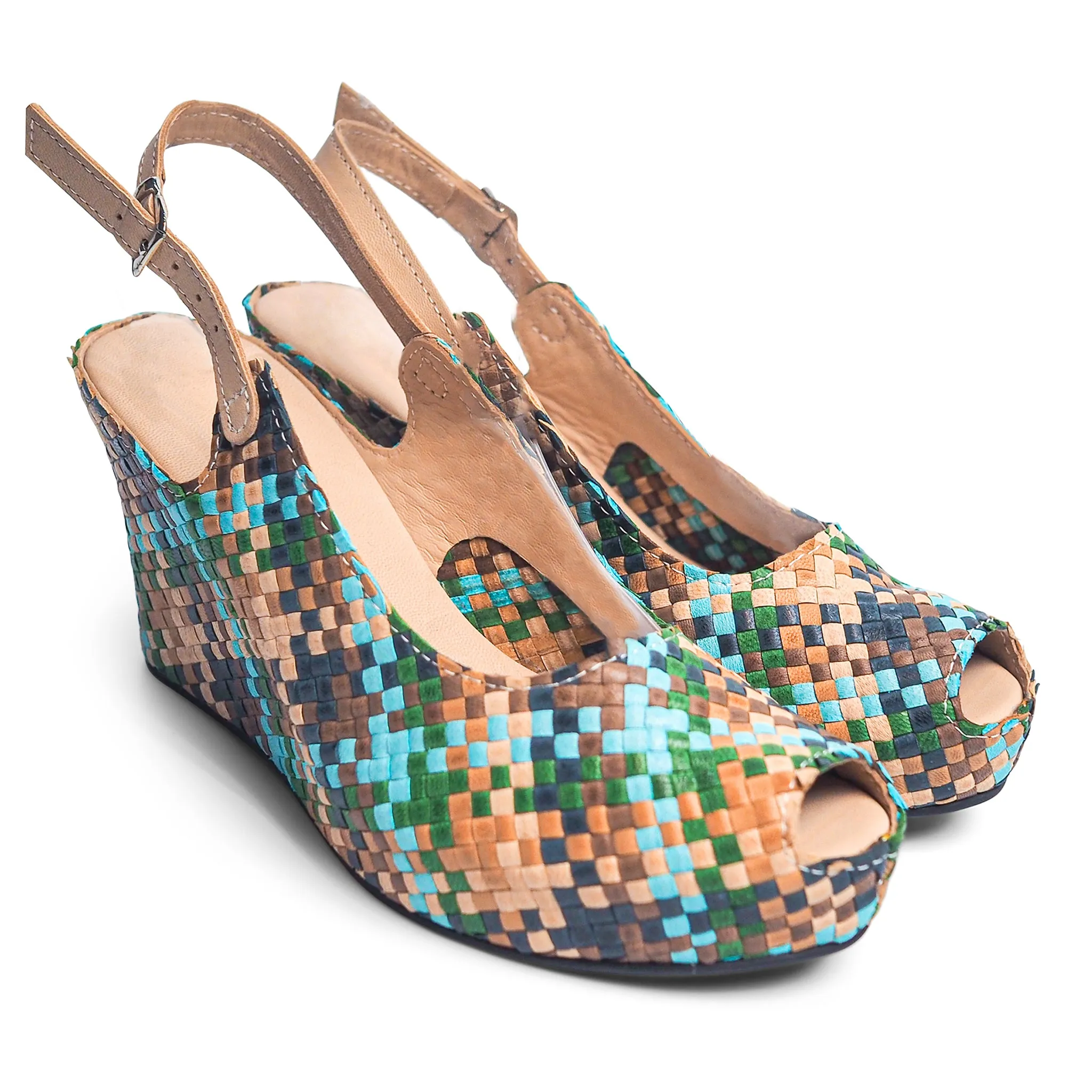 Handwoven leather high peep toe wedges with slingback - 23509