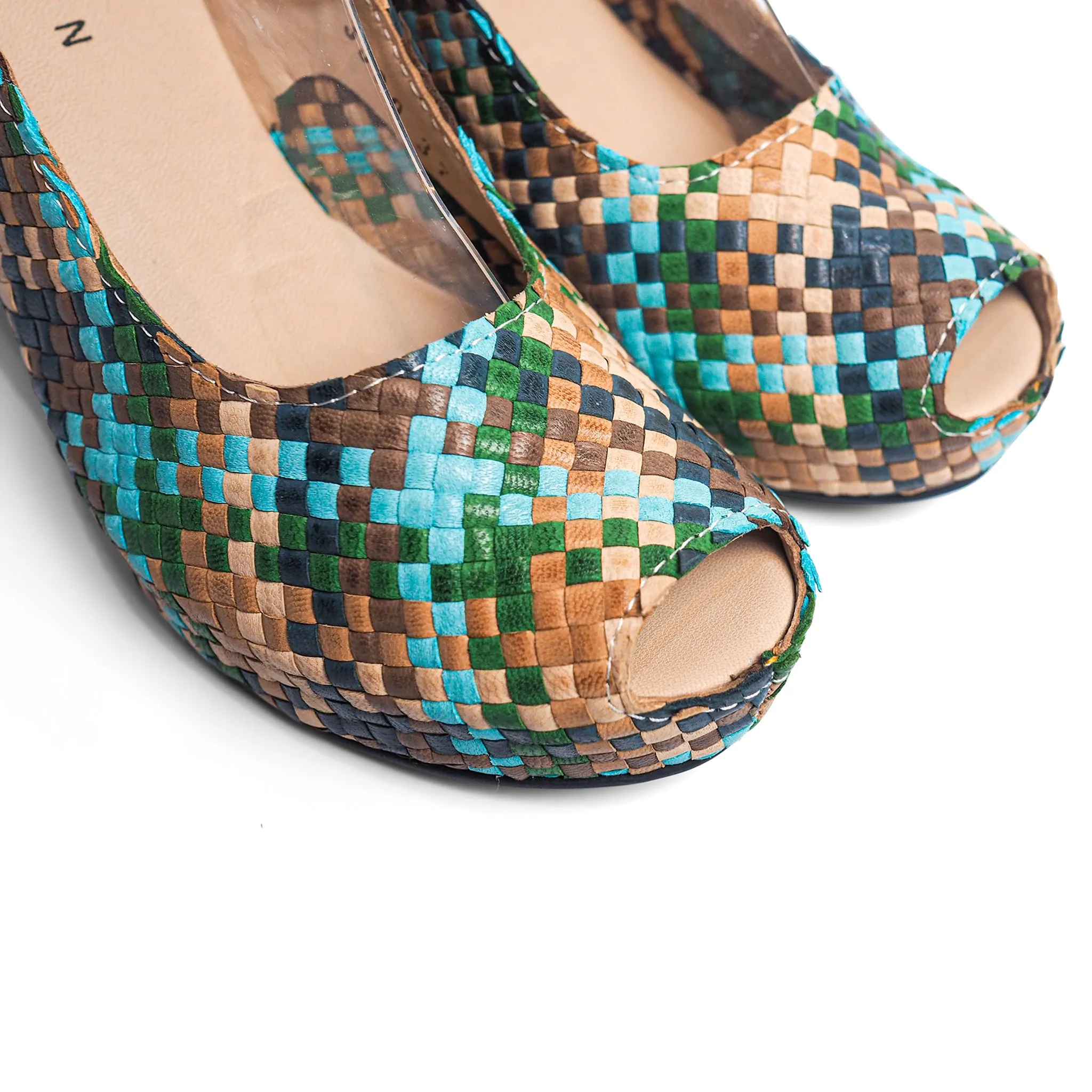 Handwoven leather high peep toe wedges with slingback - 23509