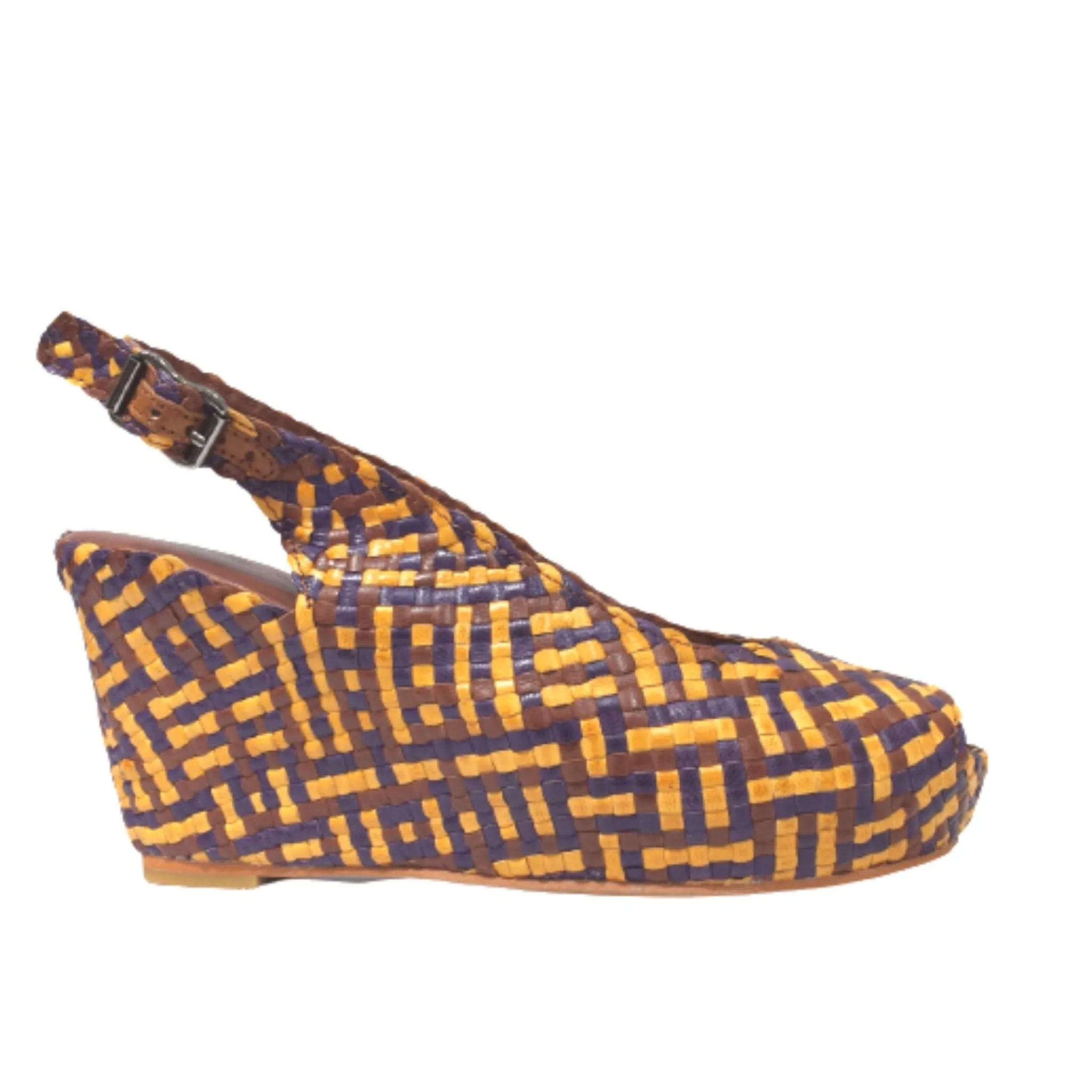 Handwoven leather high peep toe wedges with slingback - 23509