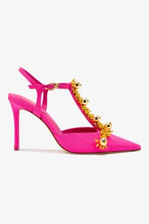 Larroud x Libertine Pump In Magenta Fabric and Golden Balls