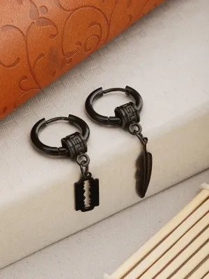 Set Of 2 Mismatch Black Men Stainless Steel Hoop Earrings
