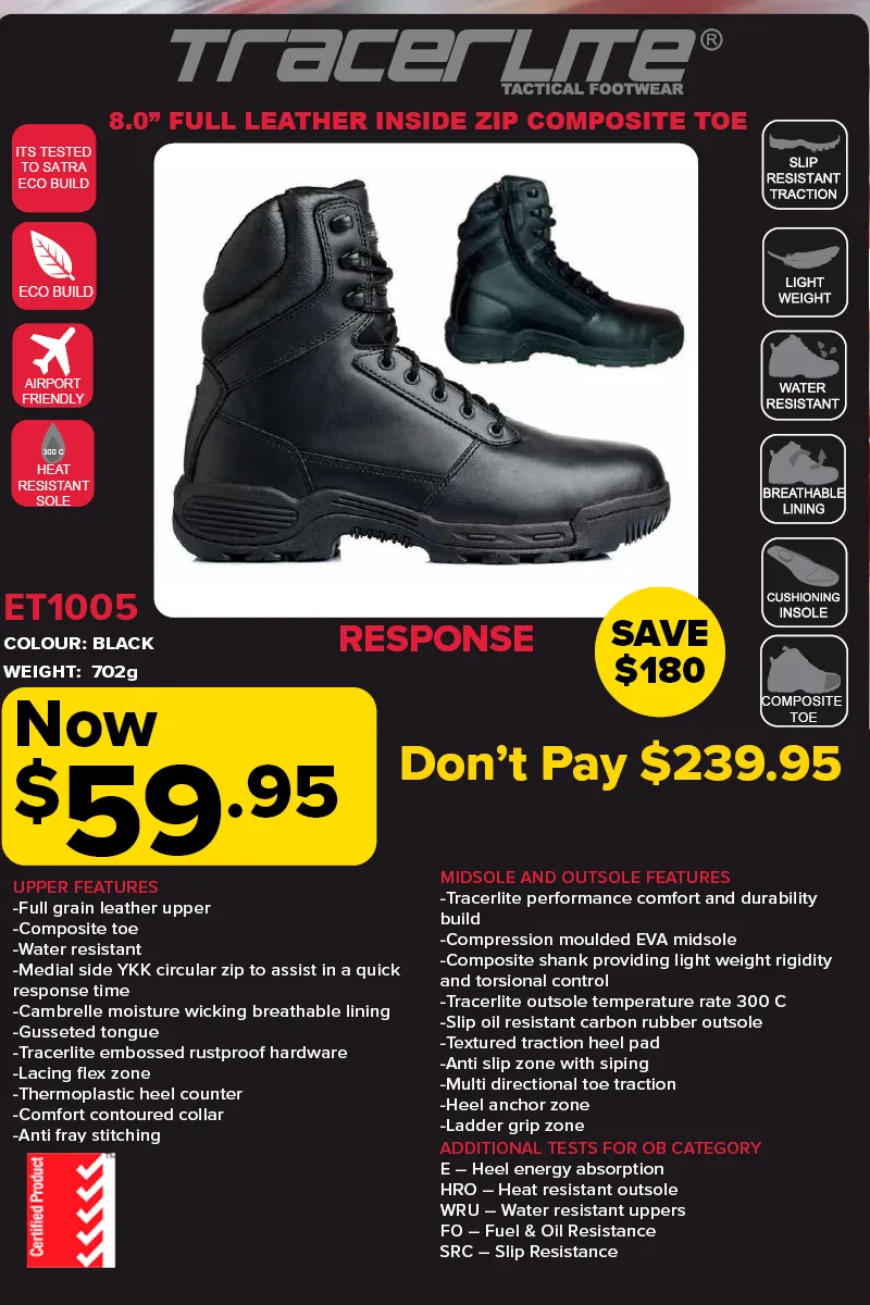 Tracerlite Men??s 8 Inch Composite Toe Full Leather Side Zip